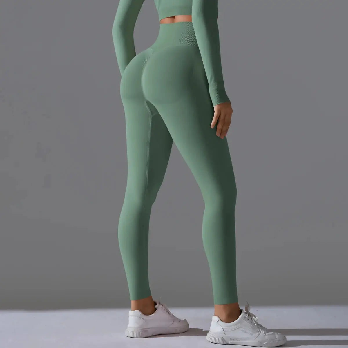 Women's seamless yoga leggings in sage green, high-waist tummy-control with scrunch butt lifting