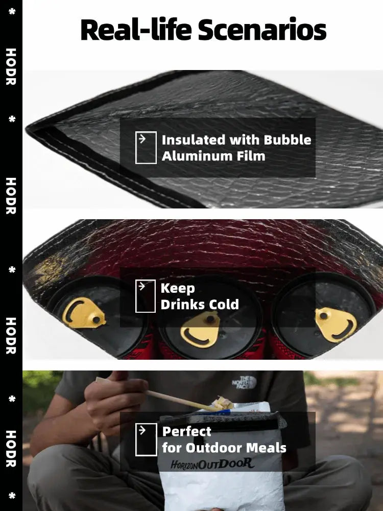HODR GEAR Tyvek insulated food pouch with bubble aluminum film; three-panel collage shows cold drinks and outdoor meals