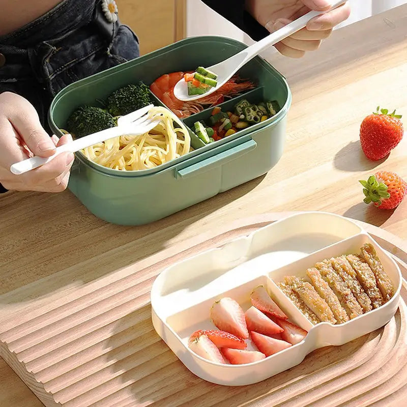 Double Layer Lunch Box Portable Meal Prep Container With Compartments Microwave Safe Leak Resistant Fork And Spoon