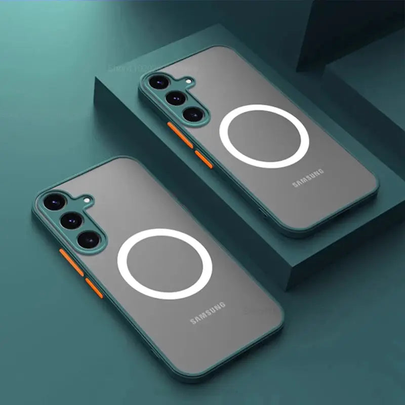S26/S25 Ultra Plus phone case by Simples Market in frosted teal matte with magnetic wireless charging ring, Samsung logo visible