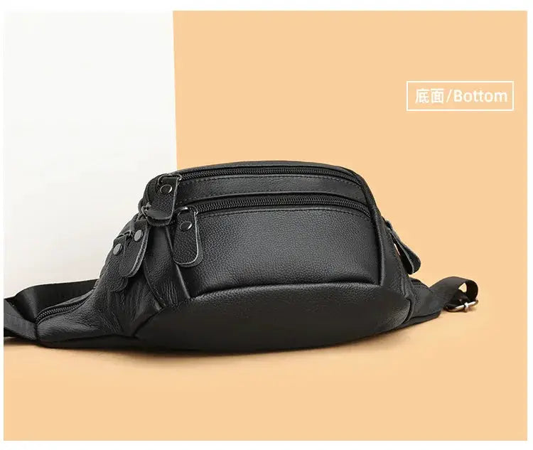 Black genuine leather men's fanny pack with dual-zip front pockets and adjustable strap