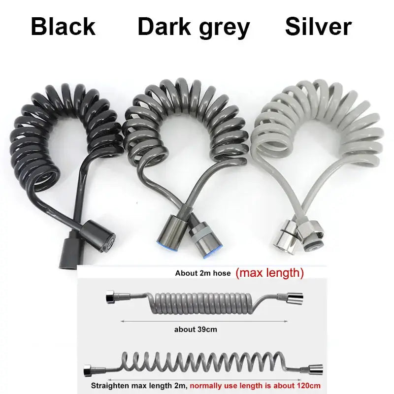 Three coiled ABS handheld bidet hoses in black, dark grey and silver with spray nozzles by Simples Market