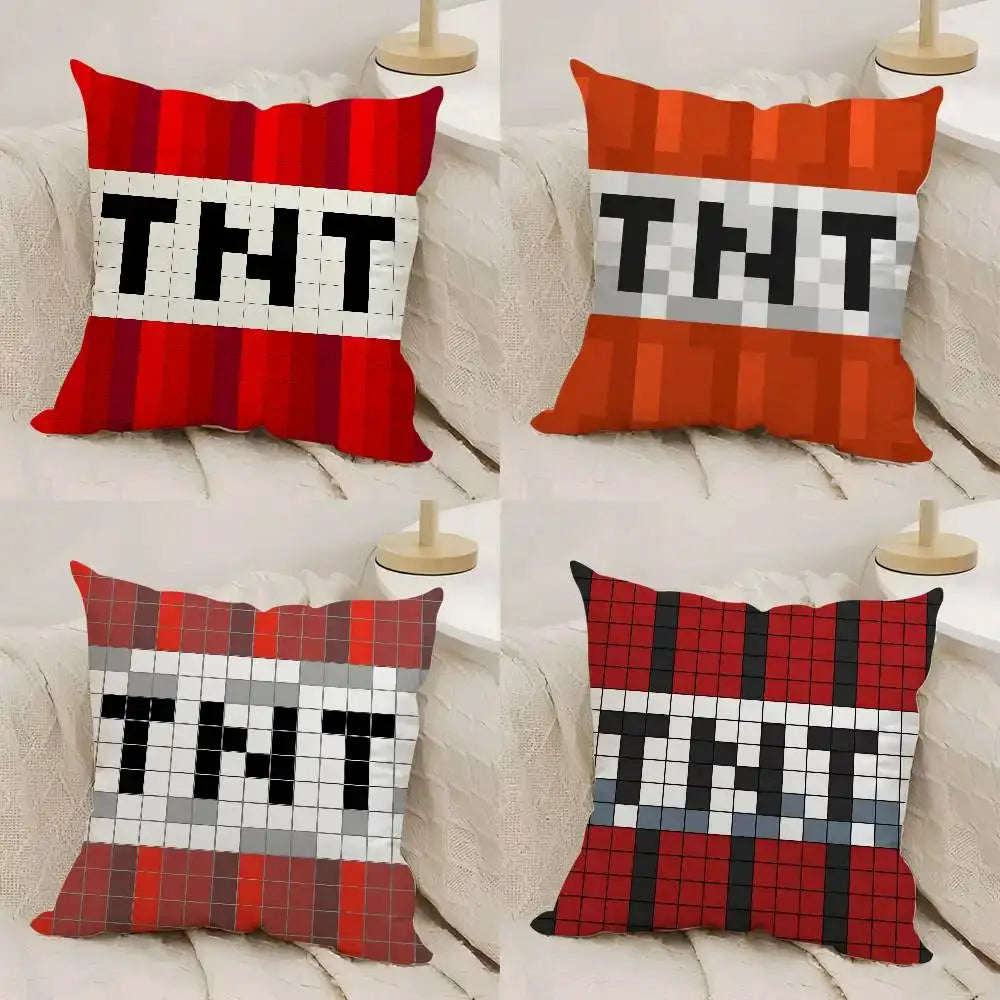 TNT block pillow cover set of four, double-sided plush with red/orange/gray designs by Simples Market.