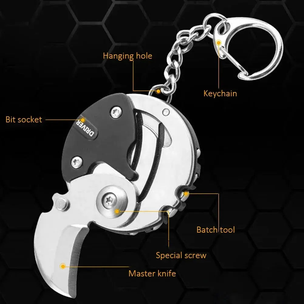 Multifunctional keychain screwdriver by Simples Market with hexagon folding coin knife, black and silver metal.