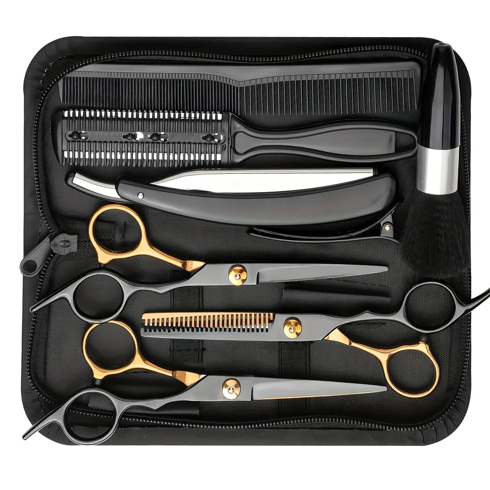 Hair cutting scissors set by Simples Market in black and gold, includes thinning shears, combs, cape and clips.