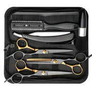 Hair cutting scissors set by Simples Market in black and gold, includes thinning shears, combs, cape and clips.