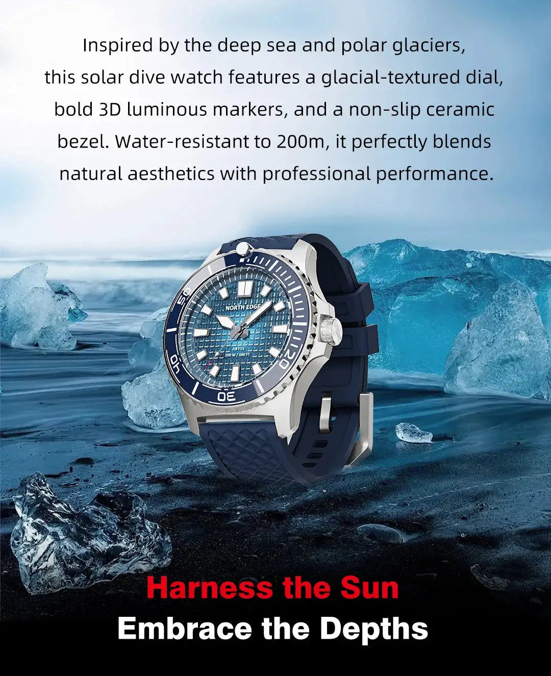 North Edge Abyss dive watch with blue grid dial, stainless steel case, blue silicone strap