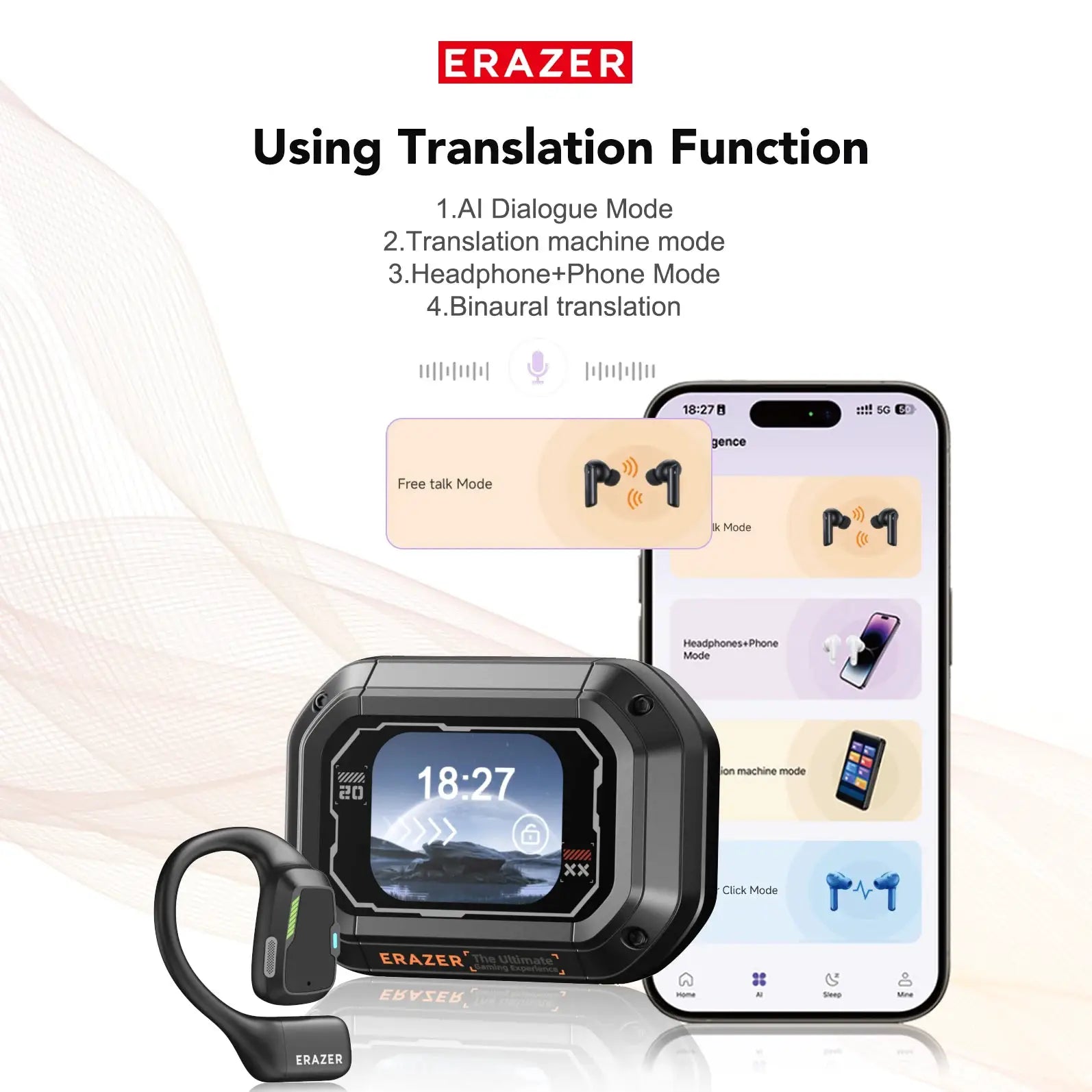ERAZER XP6 wireless earbuds pair and rugged headset with AI translation and waterproof design