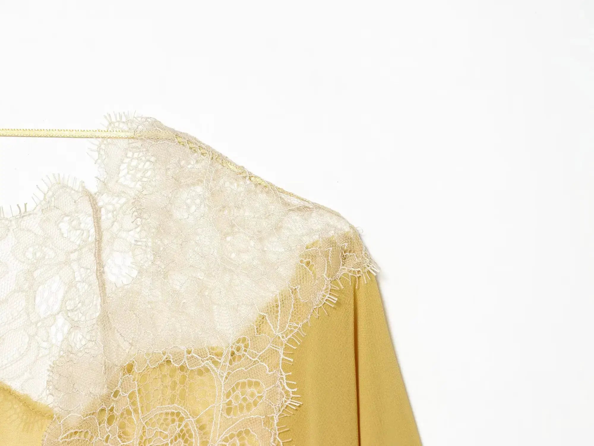 TFMLN lace patchwork lantern-sleeve blouse in cream beige with sheer lace, Simples Market