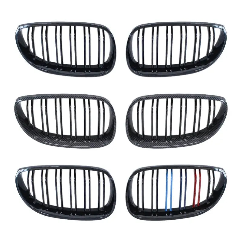 Simples Market BMW E60/E61 kidney grille set, gloss black and carbon fiber-look double-slatted front grilles, 6 pieces.