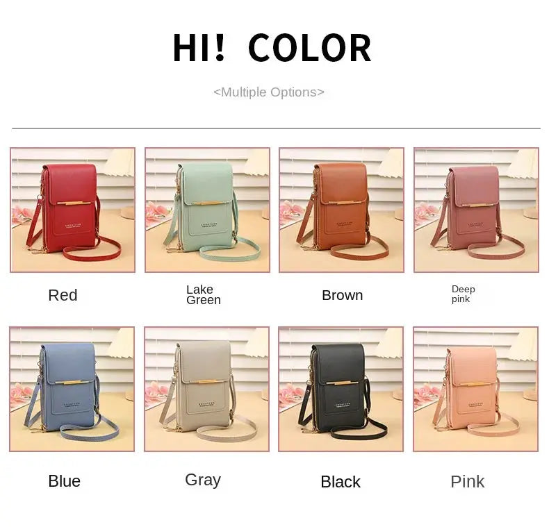 Crazy Bag fashion touch-screen lock cell phone bag by Simples Market, crossbody with card holder, eight color options.