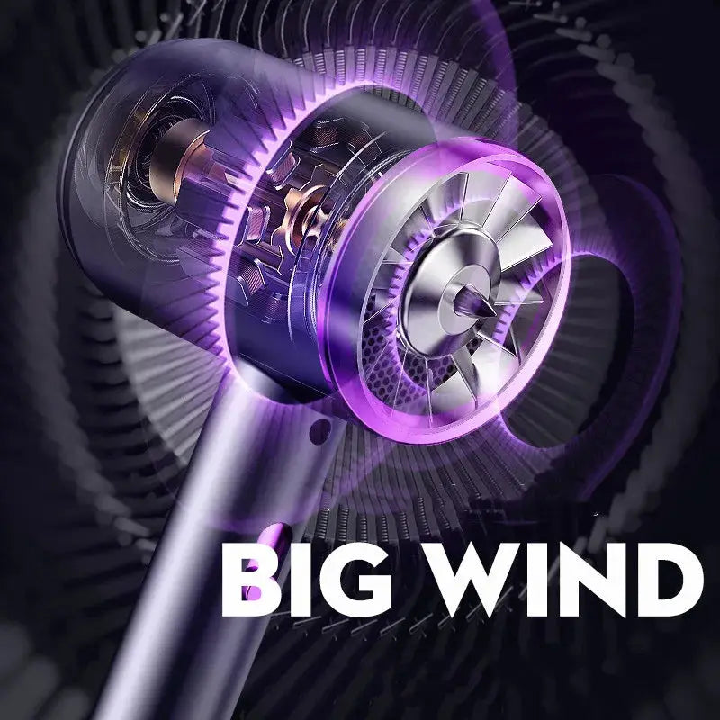 New high-speed hair dryer by Simples Market, purple and silver professional home-salon styling tool.