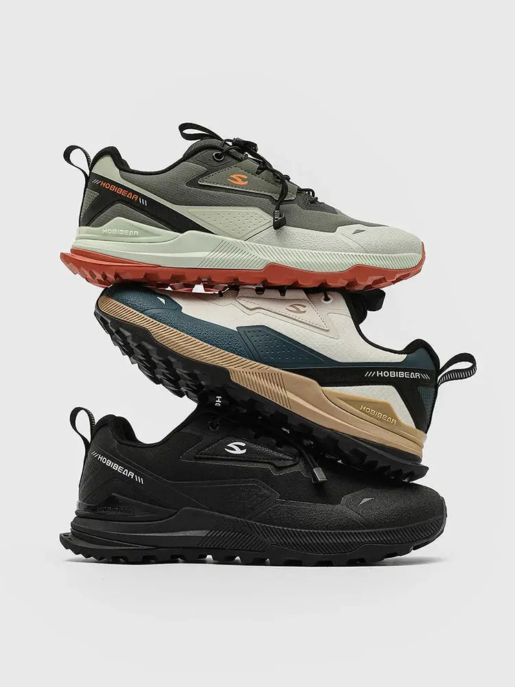 HOBIBEAR hiking shoes stacked in three colorways: olive/gray, beige/blue, and black with rugged non-slip outsoles