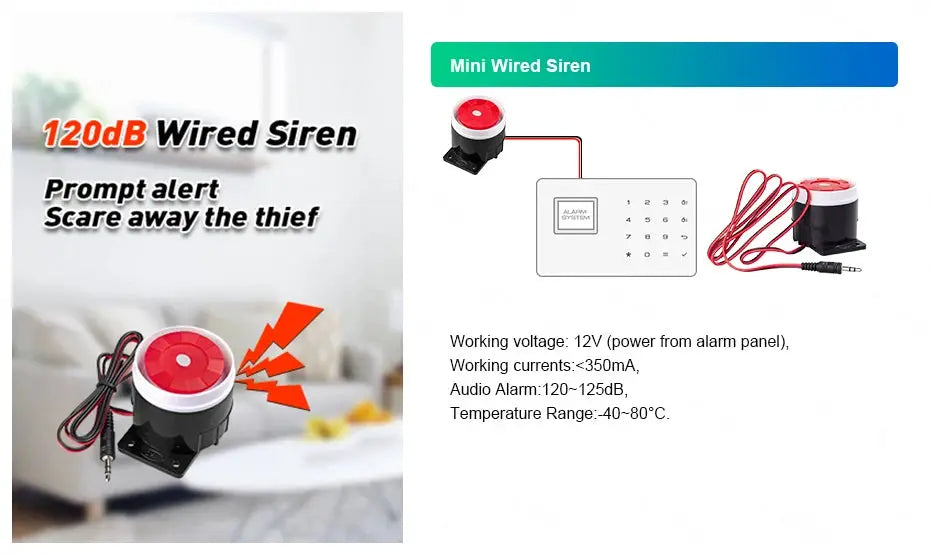 Mini wired alarm siren with red top and black base, shown with control panel and wiring