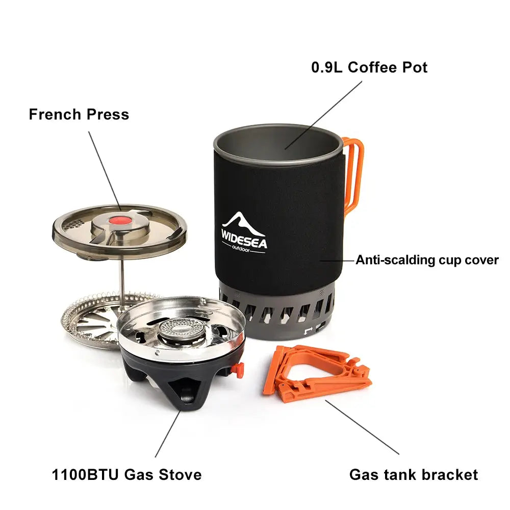Widesea 4-piece camping coffee maker set with 0.9L black pot, French press, gas stove and anti-scalding cover