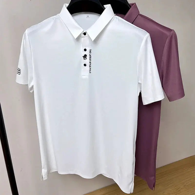 Simples Market men's ice silk polo shirts, white and purple, 2-pack, short sleeves, breathable.