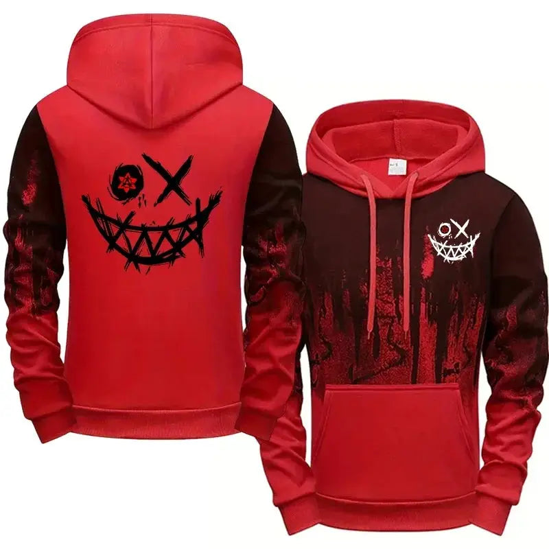 Men's red and black tracksuit hoodie two-piece set with splashed ink smiley graphic, Simples Market