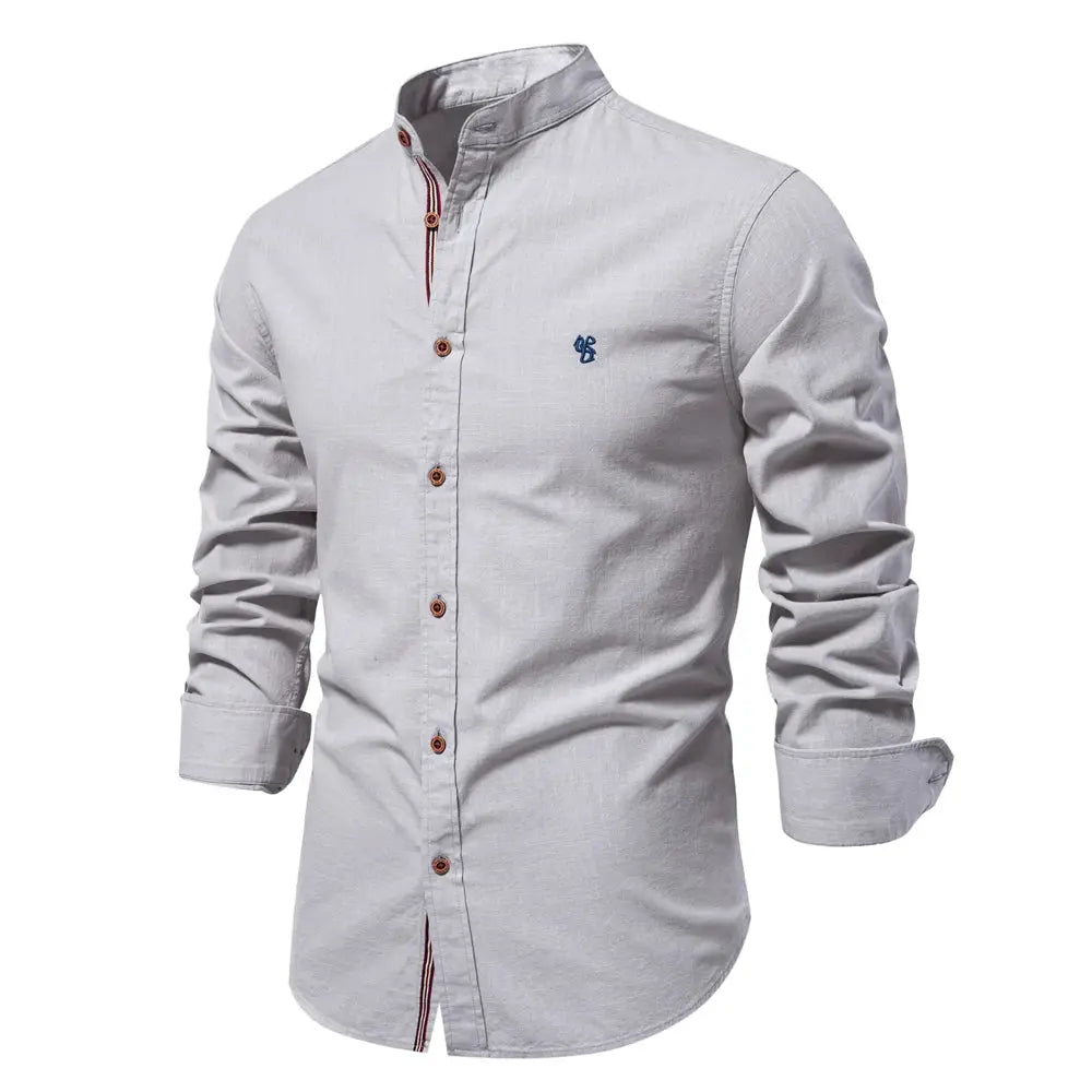 AIOPESON men's 100% cotton solid-color long-sleeve shirt in light gray with brown buttons, Simples Market