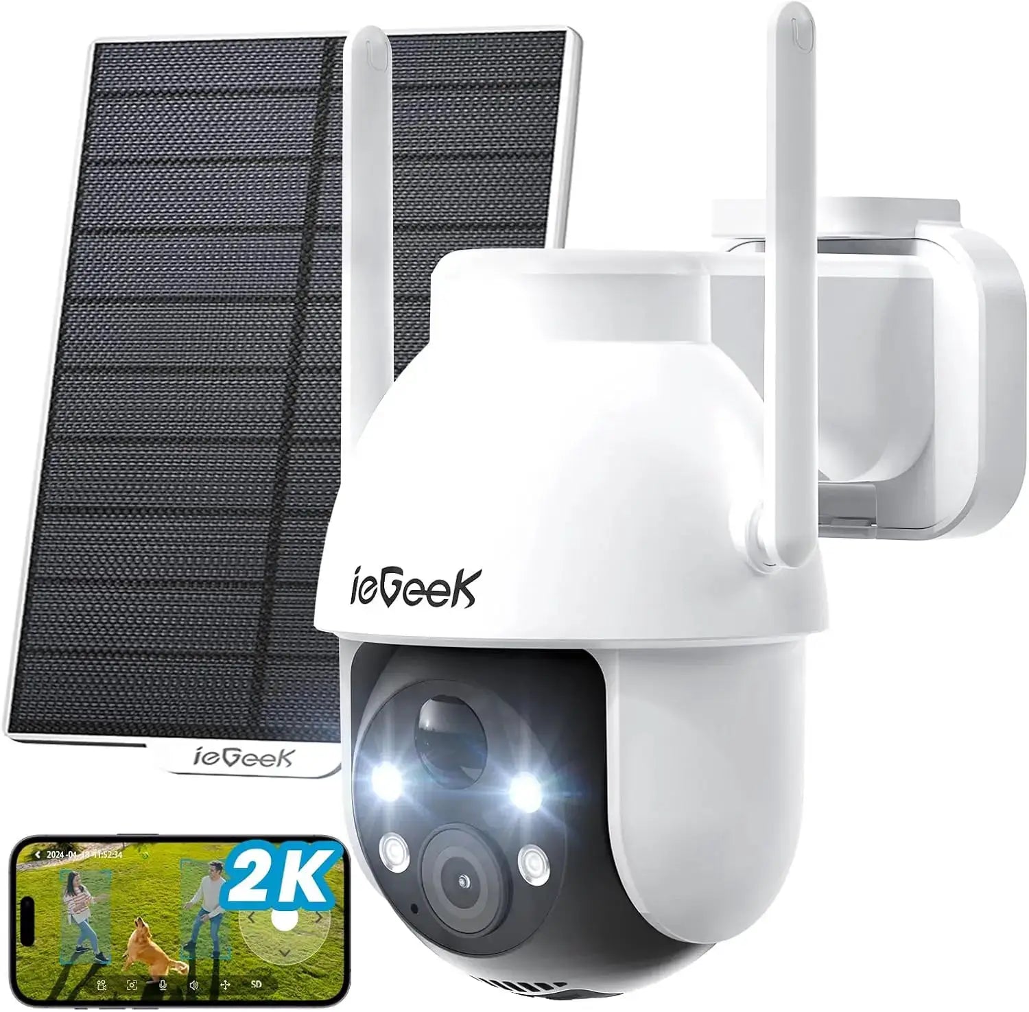 ieGeek 2K outdoor solar surveillance camera with 360° PTZ, white housing and PIR sensor