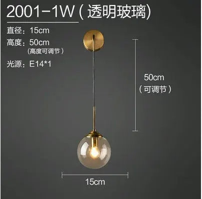 Modern Glass Ball Wall Lamp by Simples Market, golden pendant sconce with 15cm glass globe and 50cm adjustable height