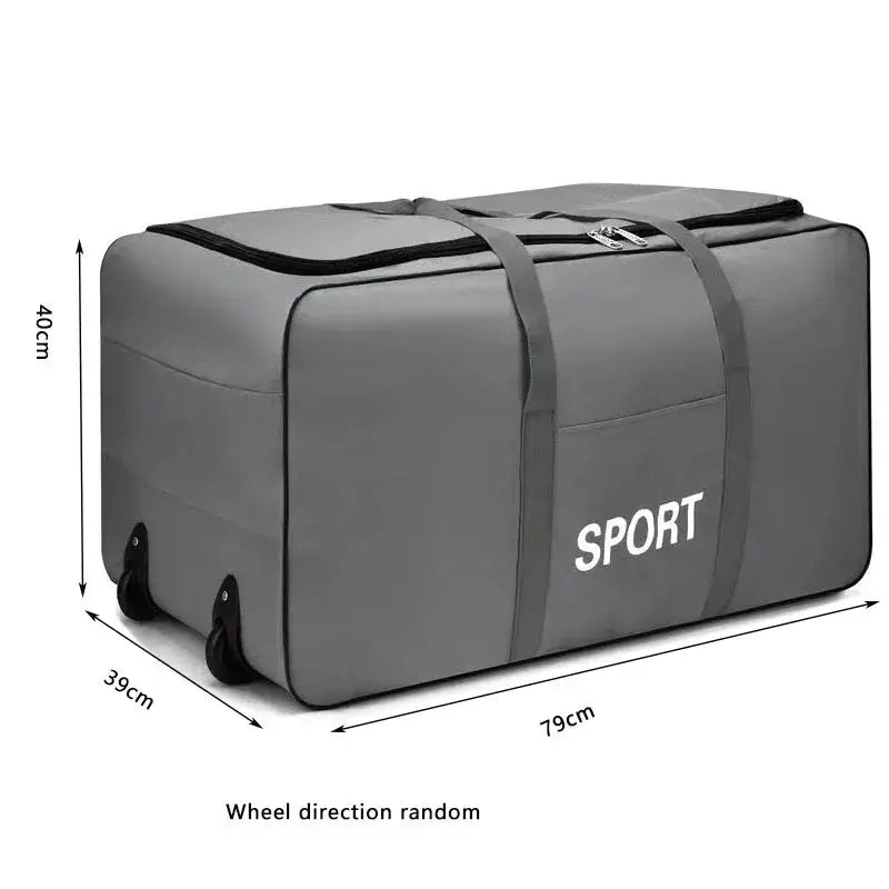 Gray foldable luggage bag with wheels; large capacity carry-on, 79x39x40 cm.