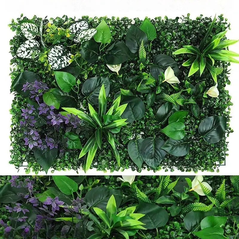 Artificial grass wall panel with boxwood hedge and assorted green leaves for indoor/outdoor decor Simples Market