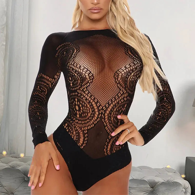 LuxeLace Crotchless Mesh Bodysuit With Sheer Long Sleeve High Waist And Lace Details