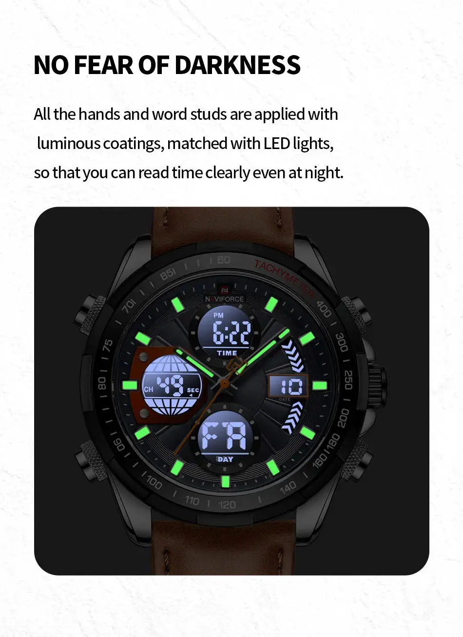 NAVIFORCE men's sport watch with black dial, dual display, green lume, and brown leather strap.