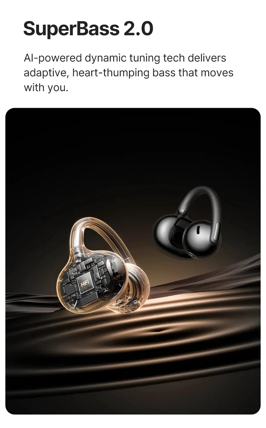 Baseus Bowie MC2 AIR clip-on TWS wireless earbuds, amber translucent left earbud and black right earbud, set of 2