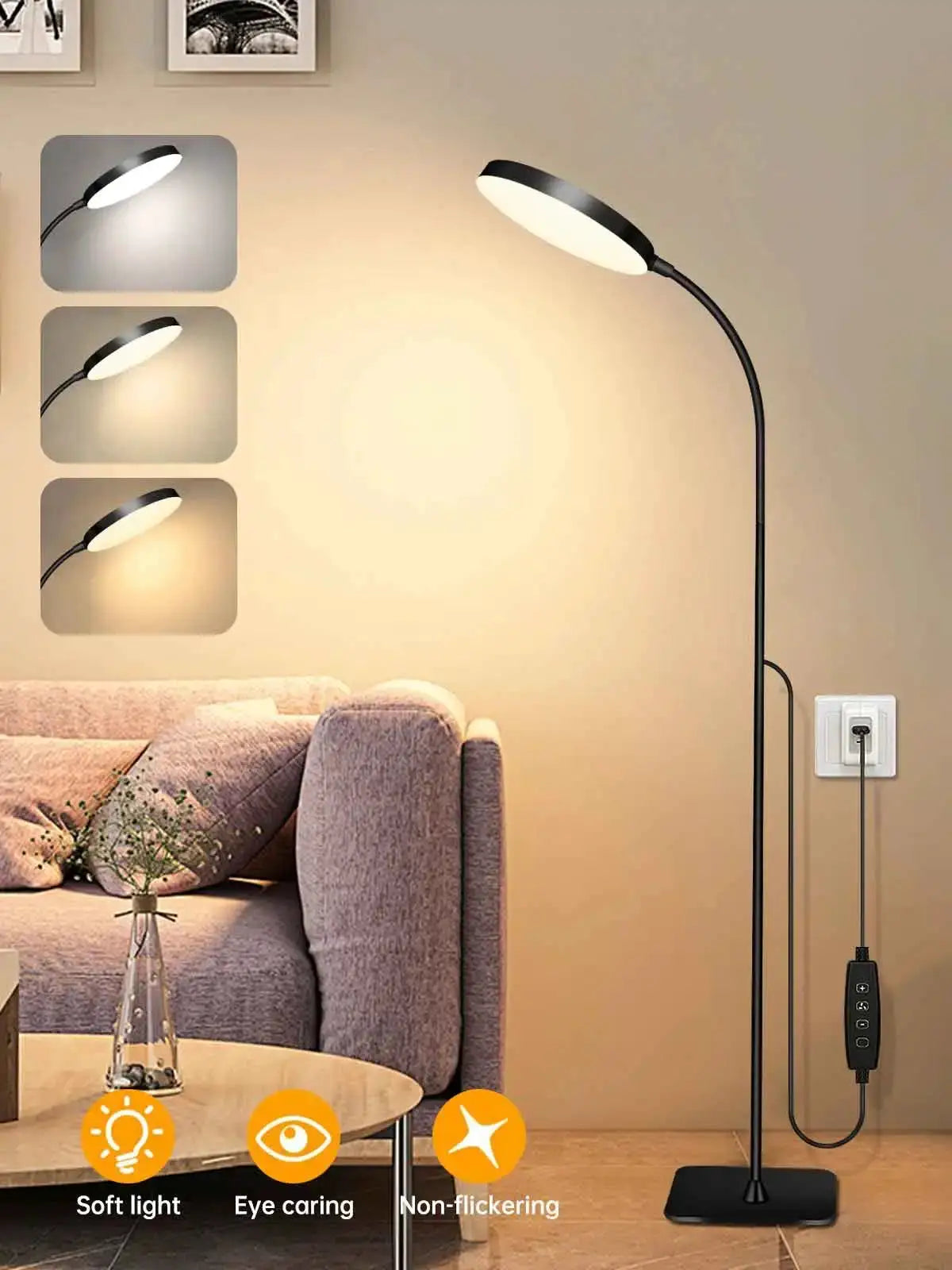 Simples Market LED floor lamp with adjustable gooseneck, dimmable reading light; black metal, floor-standing indoor lamp