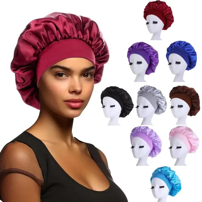 Simples Market satin hair bonnets in multiple colors; burgundy bonnet on model with assorted color caps on display.