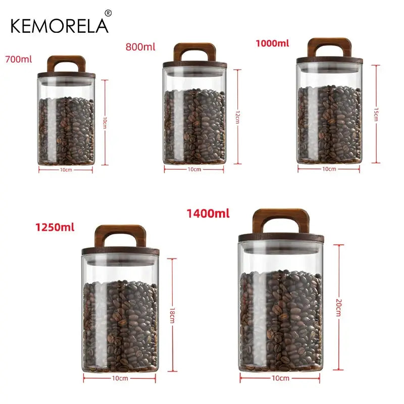 Wood Lid Glass Jar Airtight Canister For Tea Coffee Beans Grounds Candy Kitchen Storage Sealed Jar