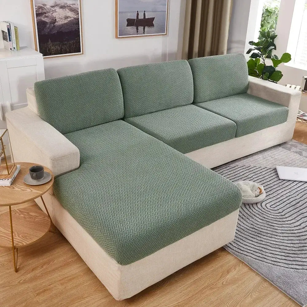 Thick jacquard sofa cushion covers set of 4 in green by Simples Market, removable slipcovers
