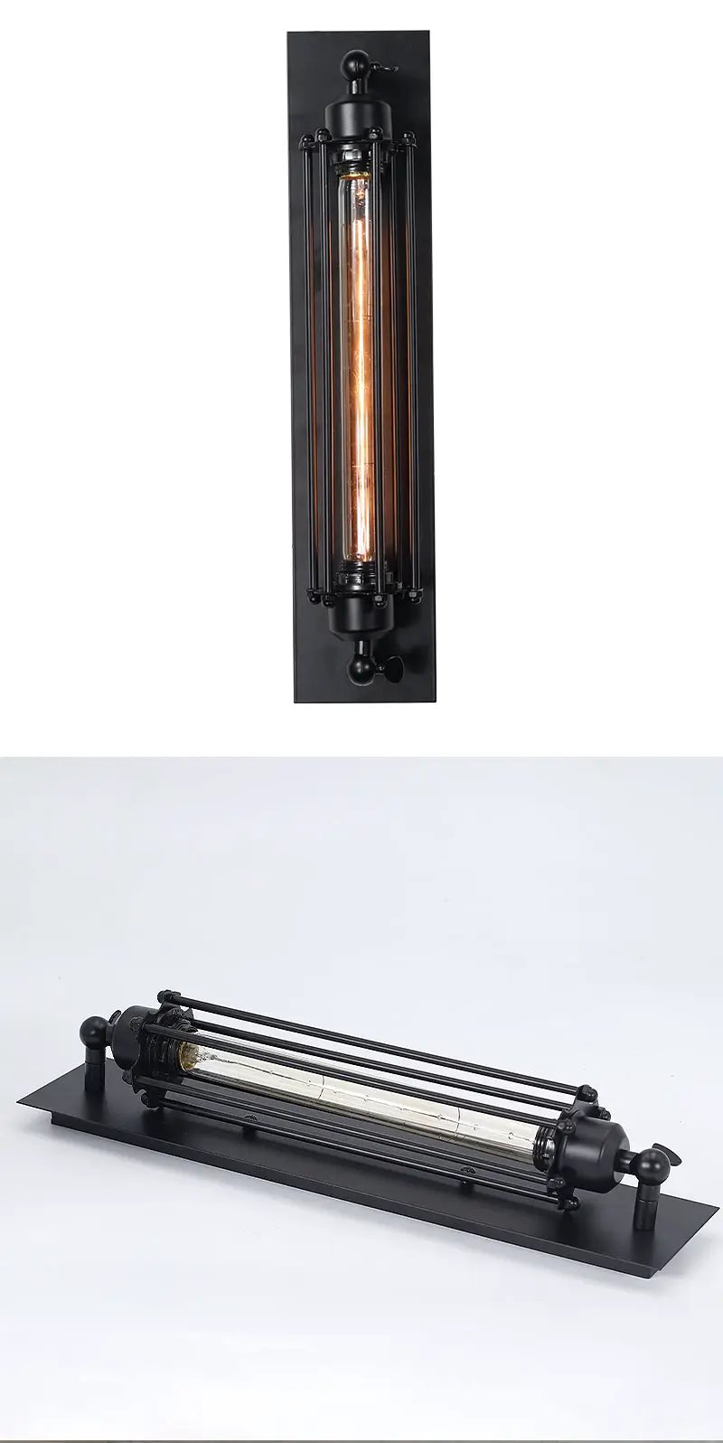 Wall-mounted retro industrial iron light with black finish and exposed Edison bulb