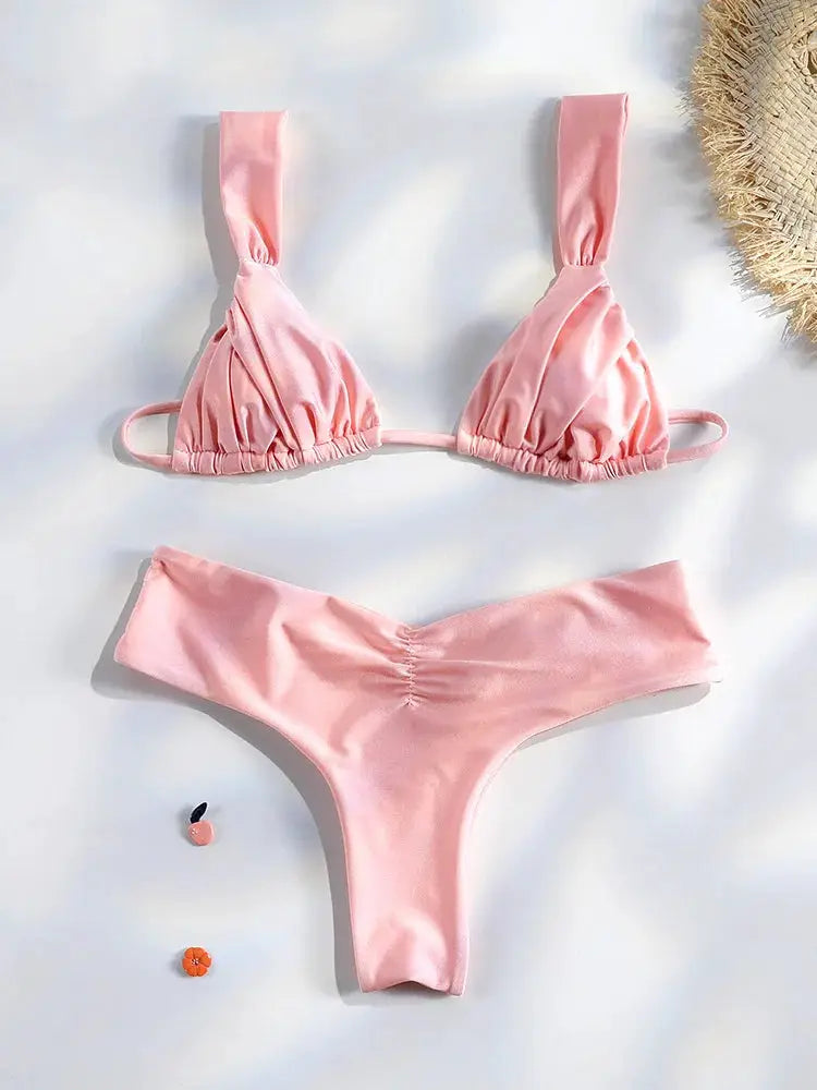 Sexy Folds Bikini Set Solid Micro Triangle Swimwear for Women Two Piece Beachwear Bathing Suit