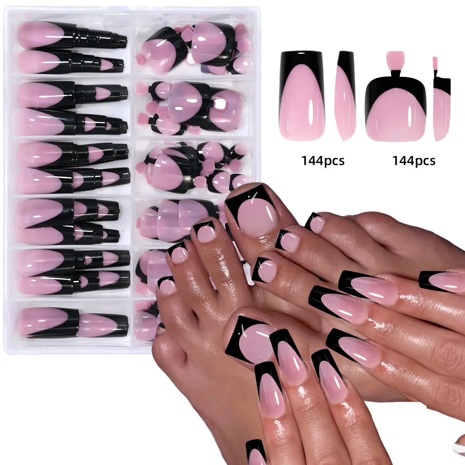 144 Pcs French Manicure Nail Set For Hands And Feet Summer Short Square Shiny Acrylic Full Coverage