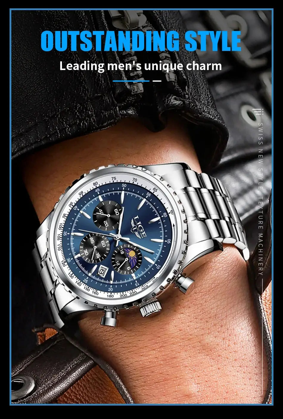 LIGE men's chronograph wristwatch with blue dial, stainless steel case and bracelet, date window