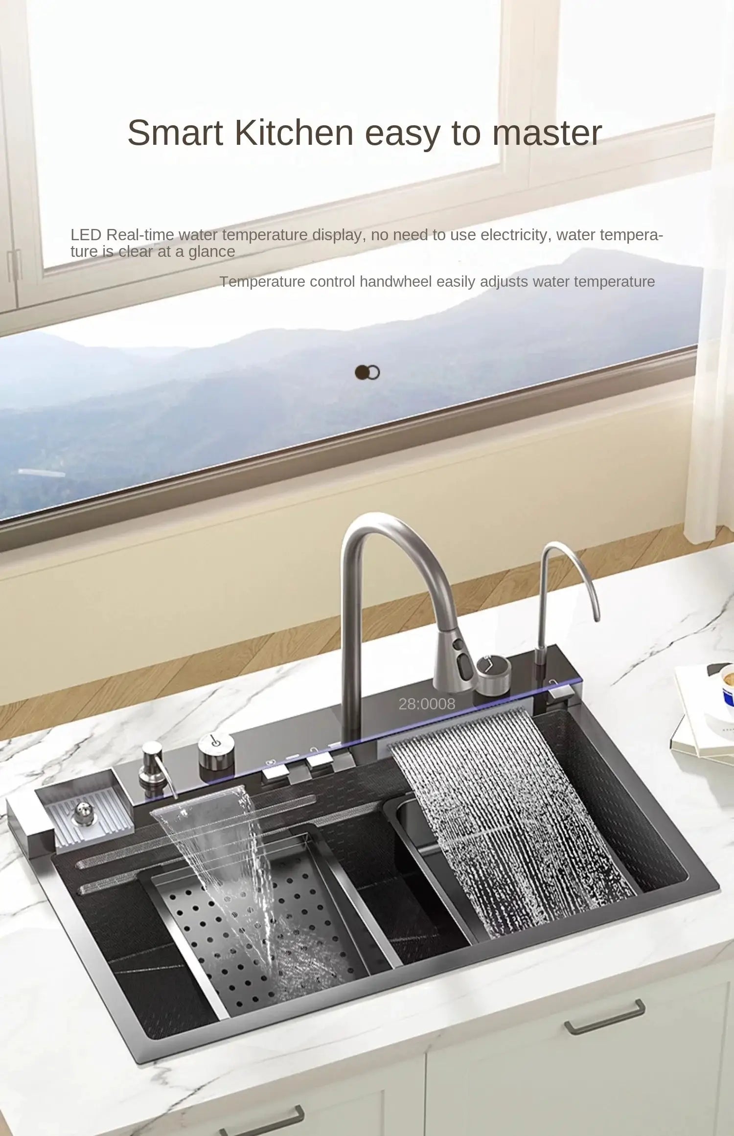 Simples Market stainless steel integrated waterfall kitchen sink with honeycomb drainage and digital display