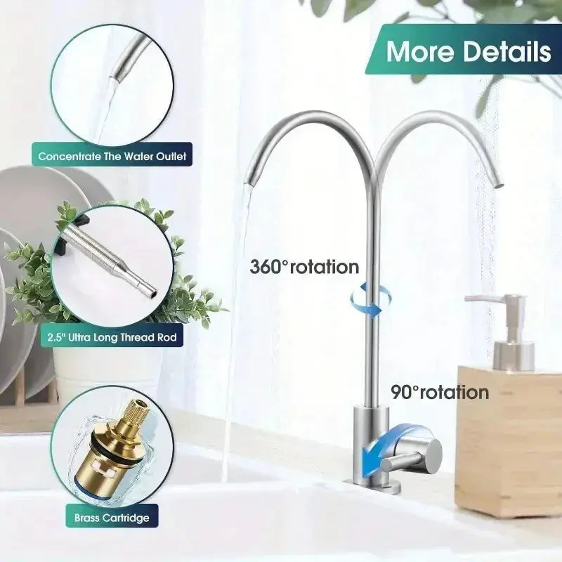 Simples Market 304 stainless steel kitchen filtered faucet, single cold water gooseneck tap with 360° rotation.