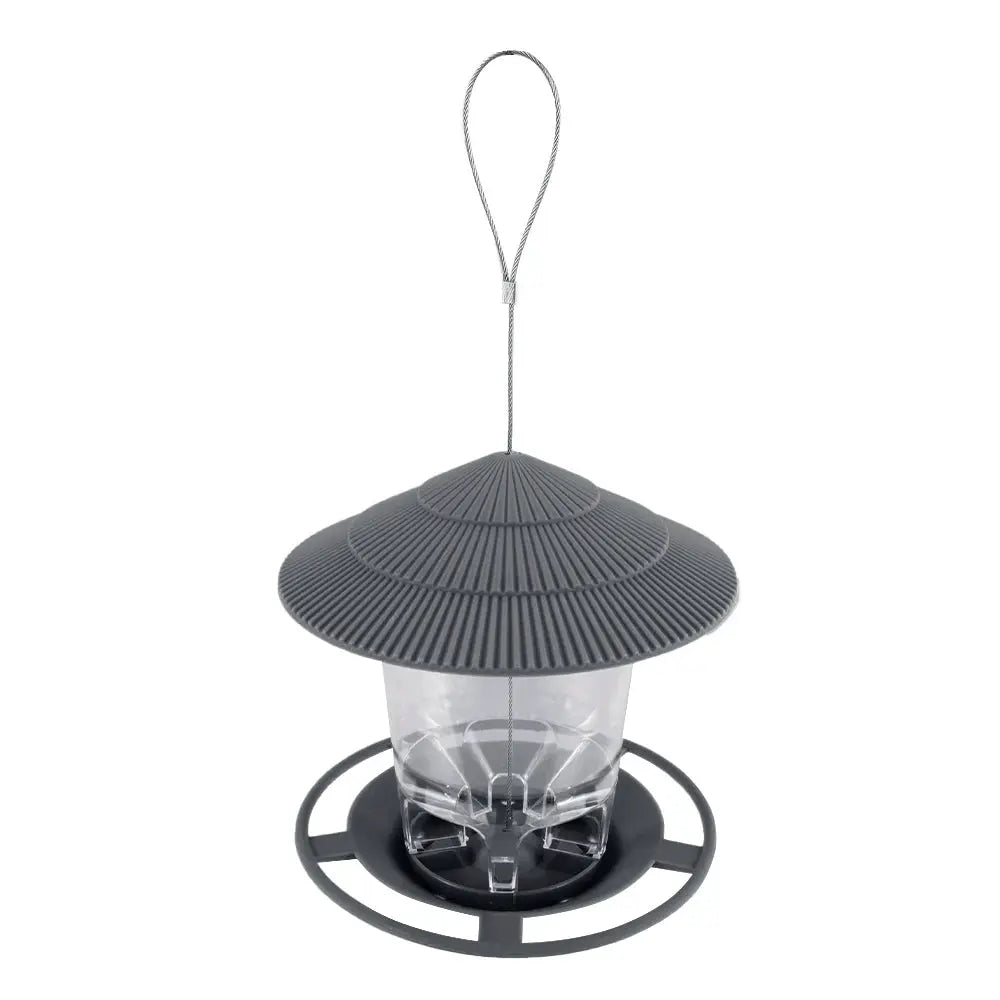 Simples Market bird feeder with grey ribbed conical roof, clear feeding chamber, and hanging loop.