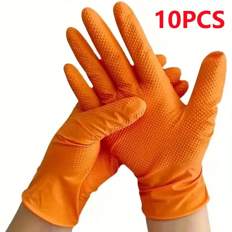 Heavy Duty Orange Industrial Nitrile Gloves 8 Mil Disposable With Raised Diamond Texture For Mechanic And Tattoo Safety