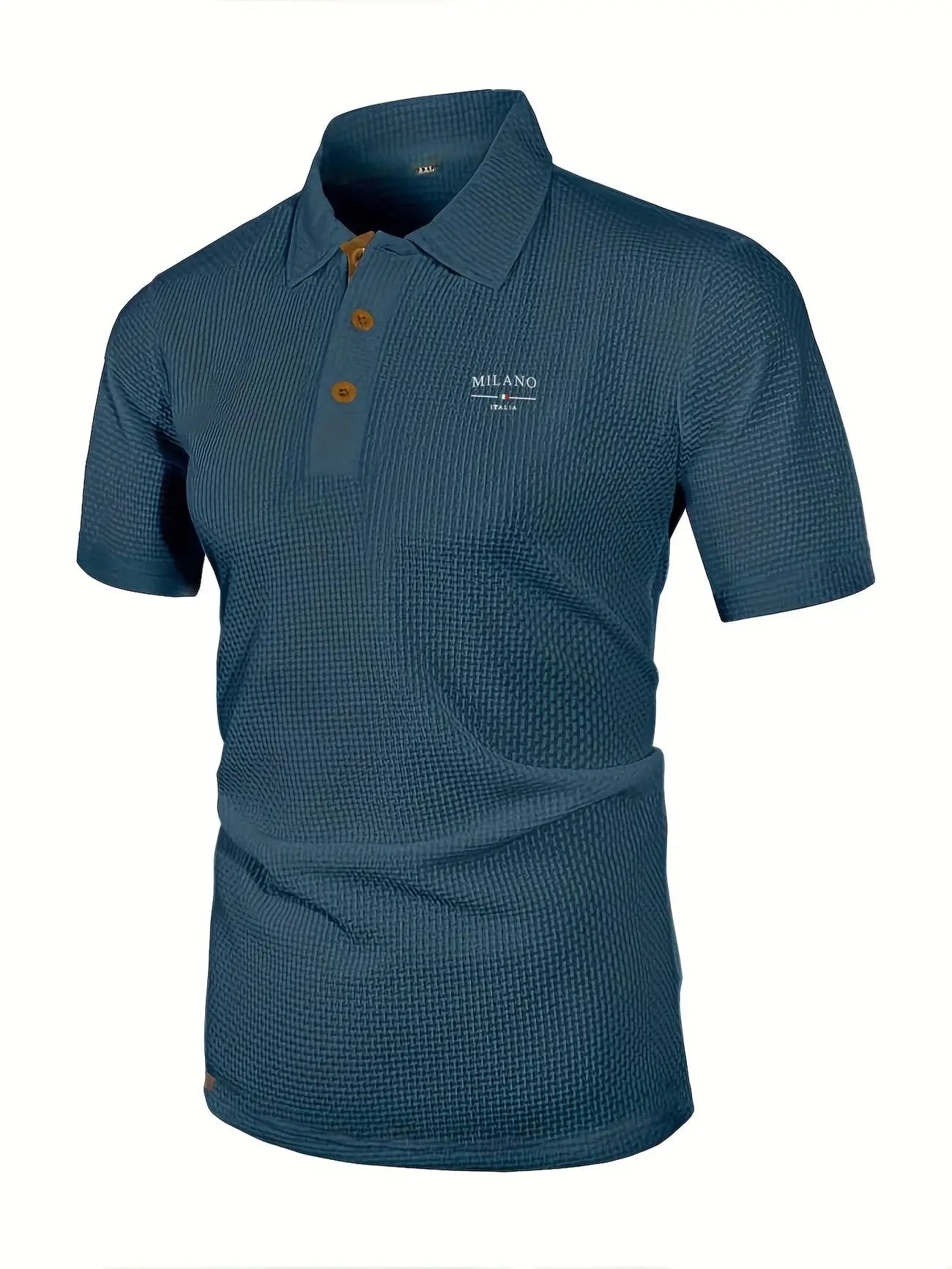 Men's short-sleeved polo shirt in teal with textured fabric and brown button placket, Milano Italia logo