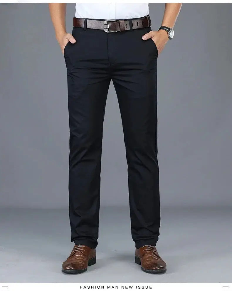 Men's black slim-straight business casual pants with brown belt, size 28-40