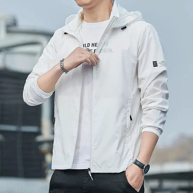 Simples Market white hooded windbreaker jacket, unisex waterproof quick-dry sun protection