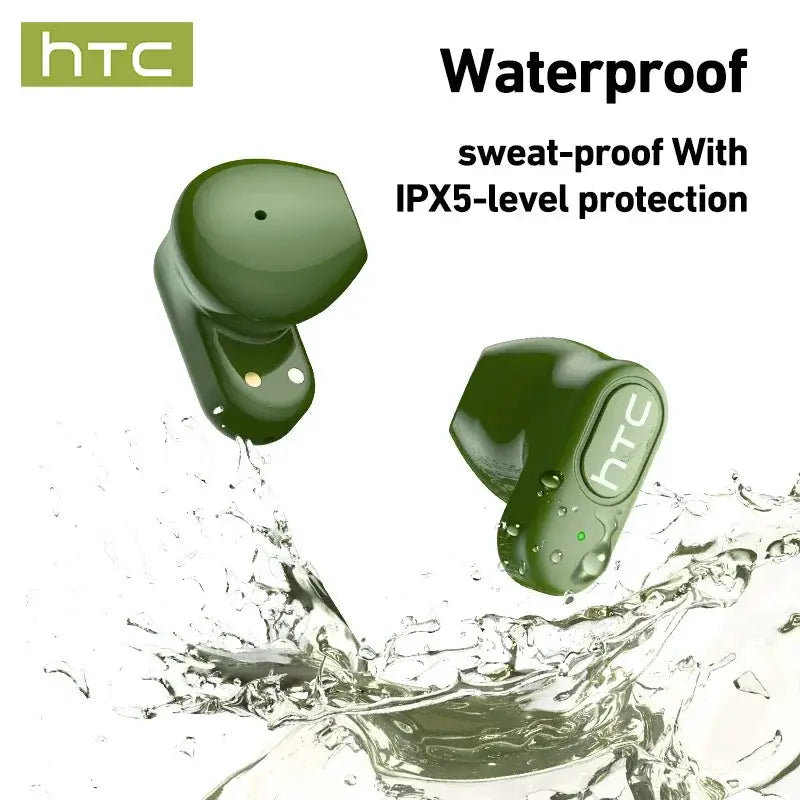 HTC NE51 Bluetooth Earphones pair, TWS mini ear buds, green/black, waterproof IPX5, HTC logo