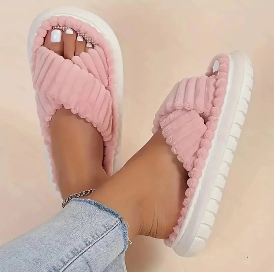 Simples Market women's pink open-toe cross-band linen-soled indoor slippers with non-slip sole