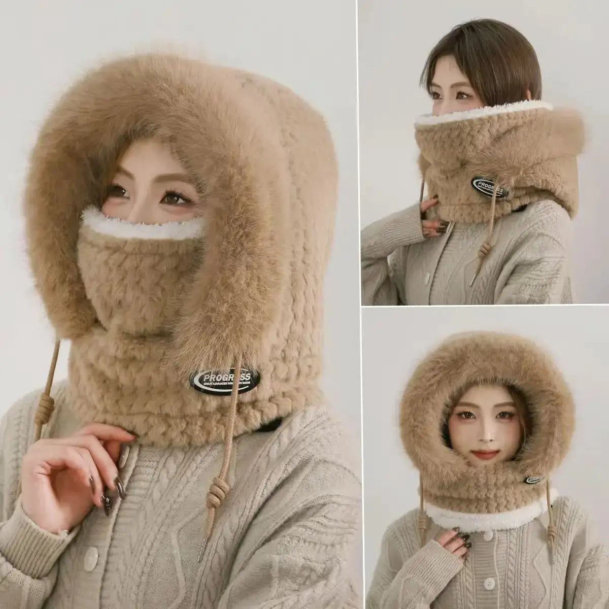 ArcticGuard Thermal Plush Hat Hood Scarf Mask Women Windproof Thick Design Outdoor Riding Gear