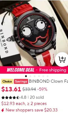 BINBOND men's quartz watch with clown-face dial, black case, red strap