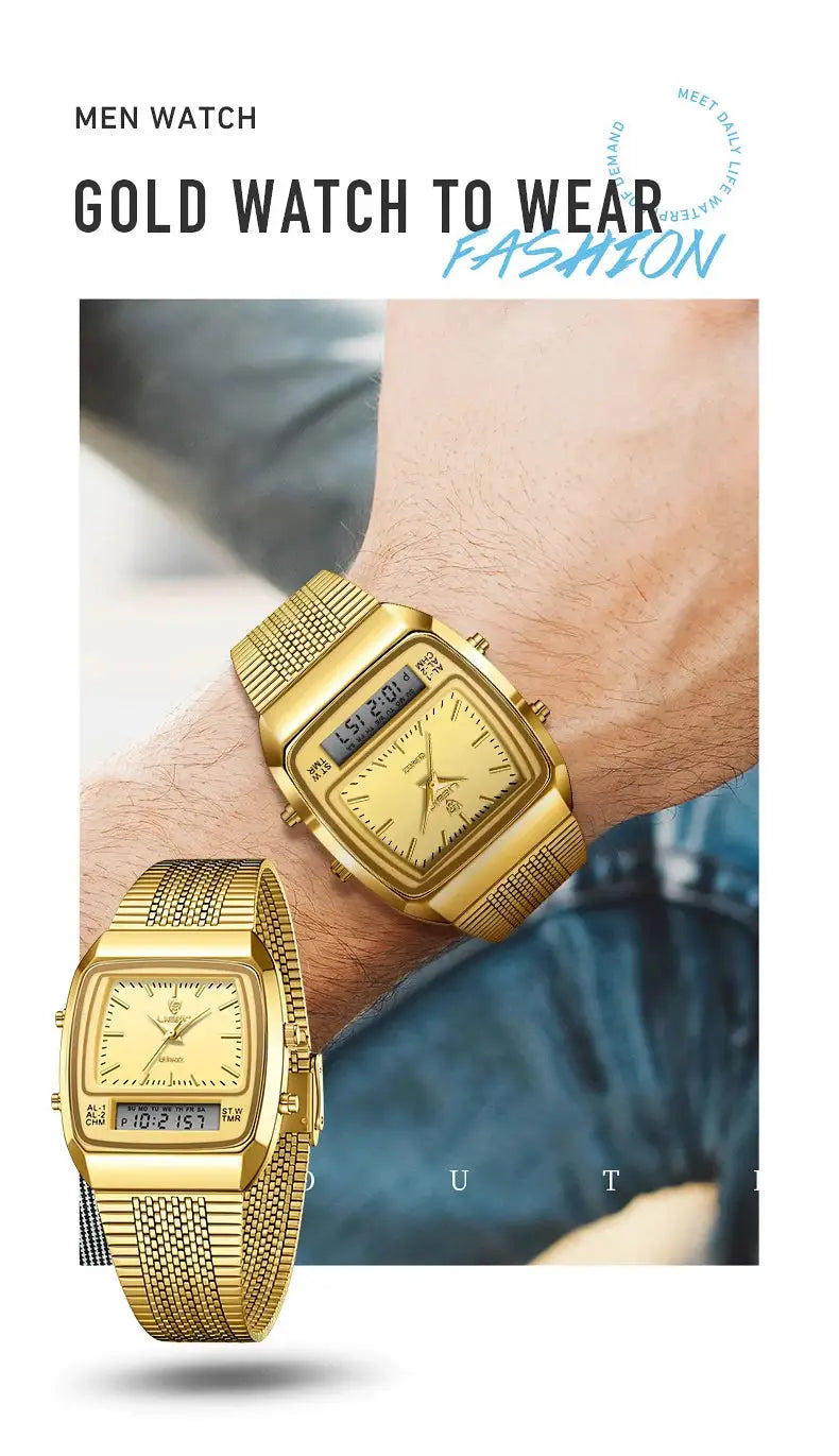 Gold men's watches by Simples Market; two stainless mesh-band timepieces with digital and analog displays