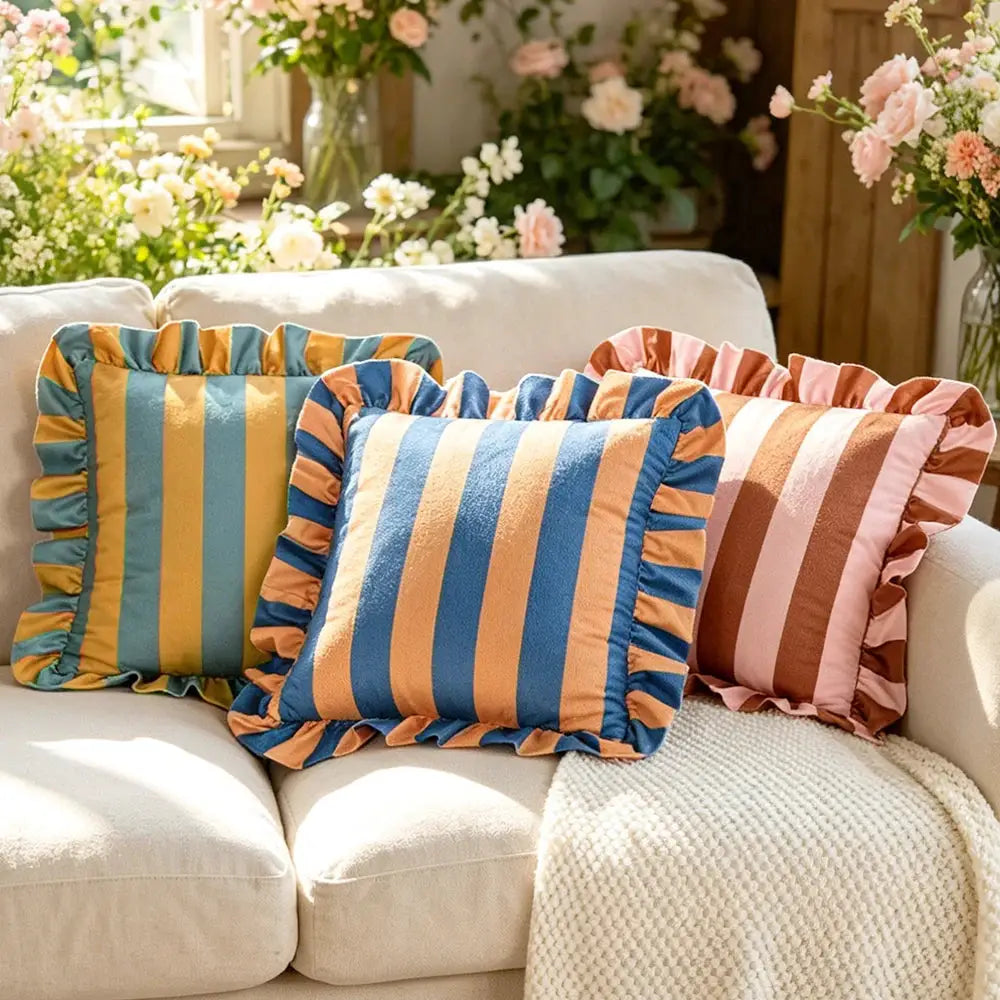 Striped lace velvet pillowcase 18x18 on a sofa with ruffled edge cushions in blue/yellow, blue/peach, and pink/brown.